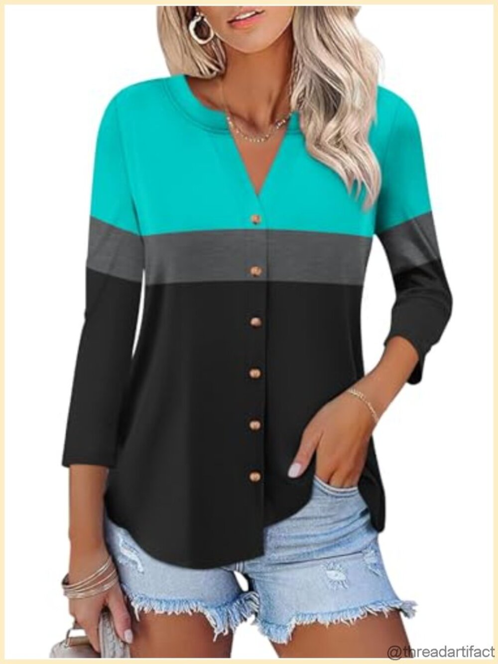 Womens 3/4 Sleeve Button Down Shirt Color Block V Neck Casual Summer Top